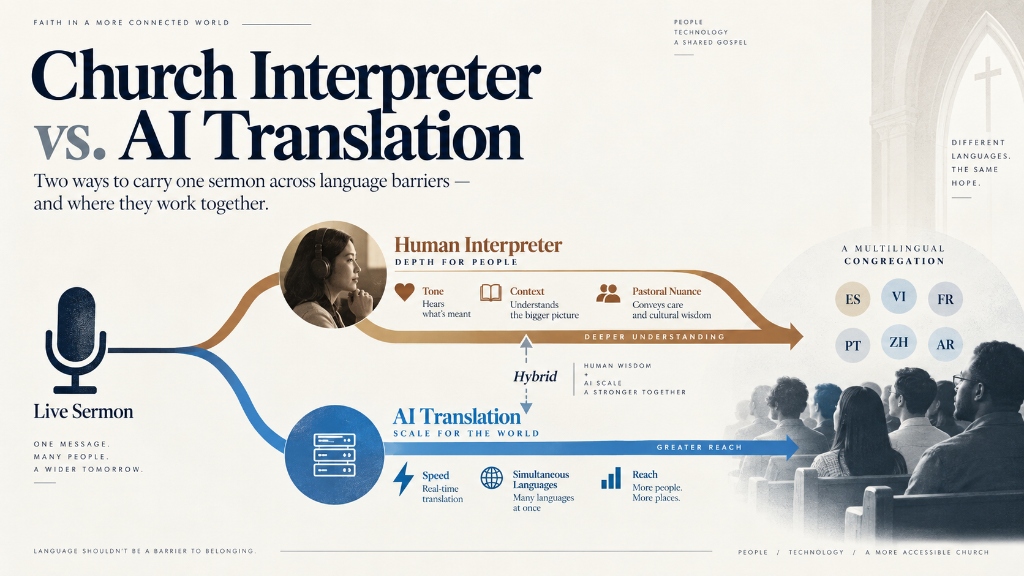 Infographic diagram comparing human church interpreters for depth, pastoral nuance and cultural wisdom against AI translation for speed, simultaneous languages and global reach, alongside a hybrid model.