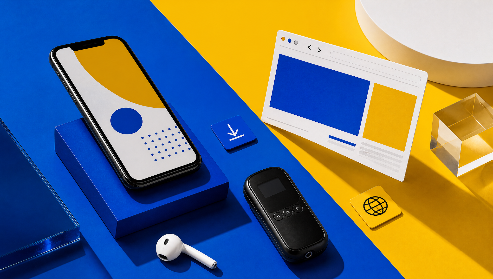 Church Translation Apps vs Browser Links and Headsets comparison showing smartphone app download, browser window, radio receiver device, and wireless earbud