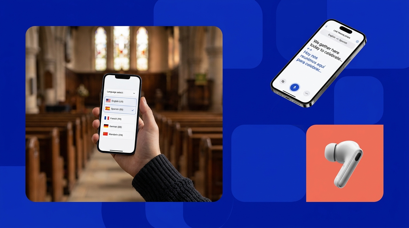 Editorial collage showing a church attendee using a smartphone language selection interface with floating translation UI and wireless earbuds on a deep blue background