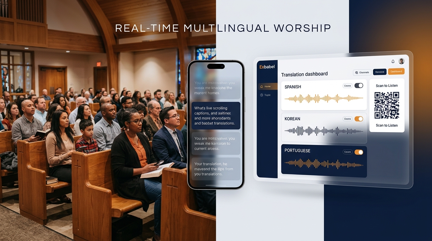 Split editorial scene showing a diverse church congregation on the left and a translation dashboard interface with Spanish, Korean, and Portuguese channels on the right