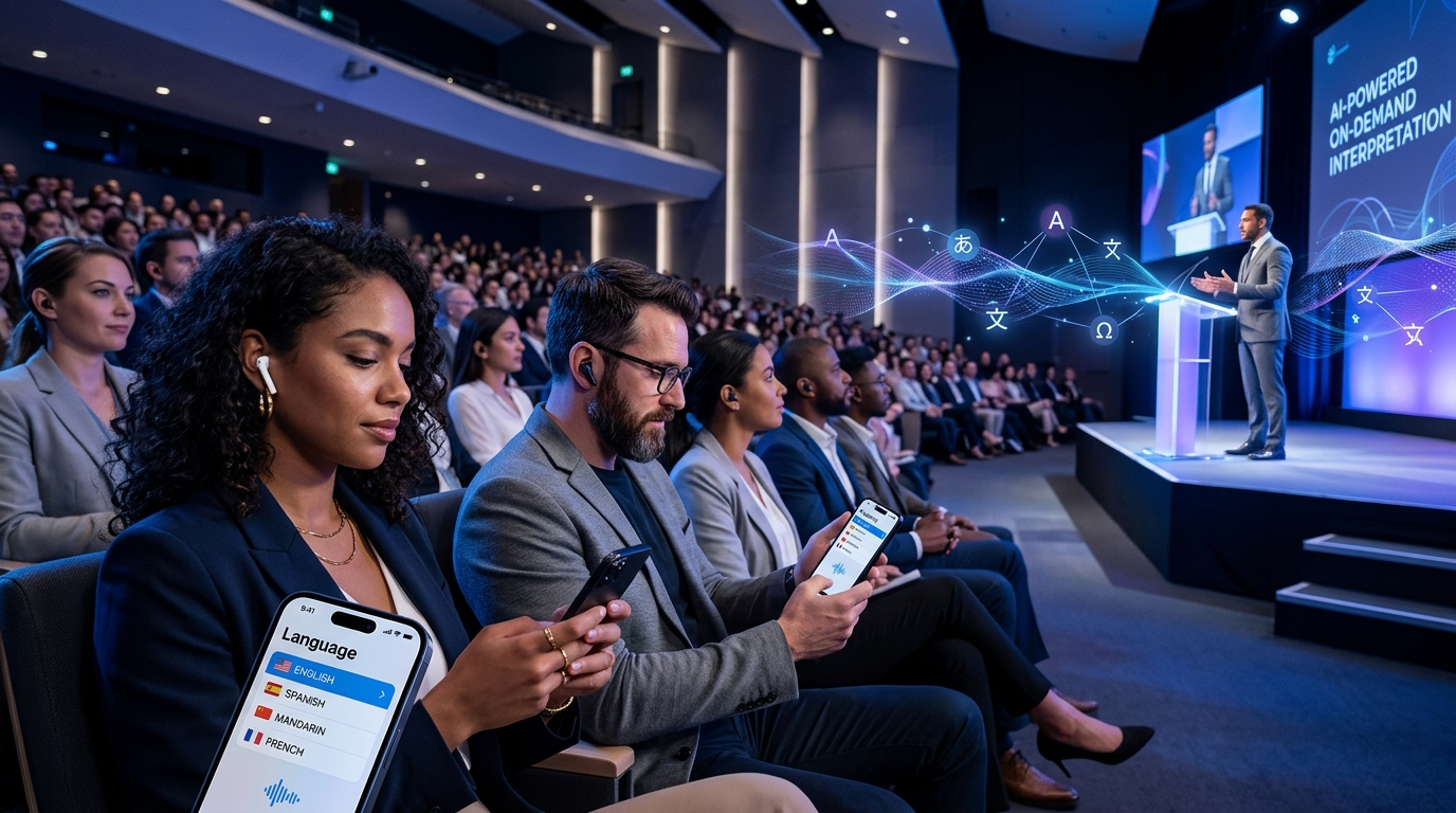 Conference audience using AI-powered on-demand interpretation on smartphones and wireless earbuds