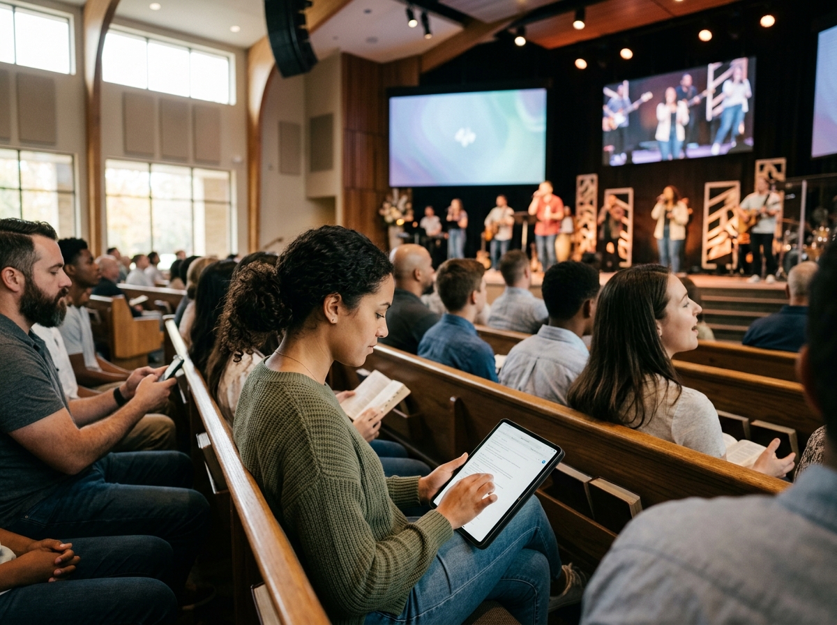 Congregation member using a tablet in a modern church service