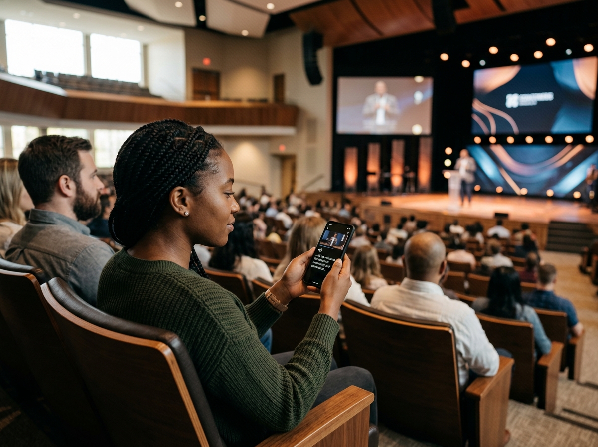 Person following a church sermon on their smartphone with live translated captions