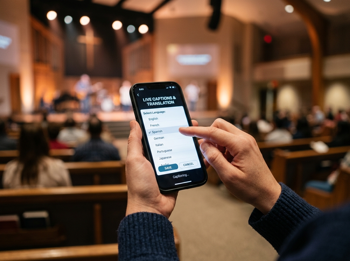 Hands selecting a language on a phone for live church translation