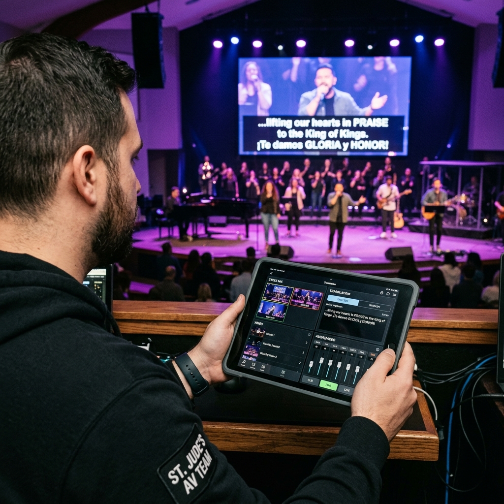 Church AV tech team volunteer in the sound booth managing live translation on a tablet