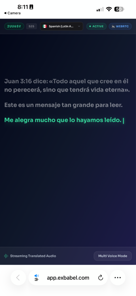 Exbabel mobile translation interface displaying real-time Spanish sermon translation of John 3:16