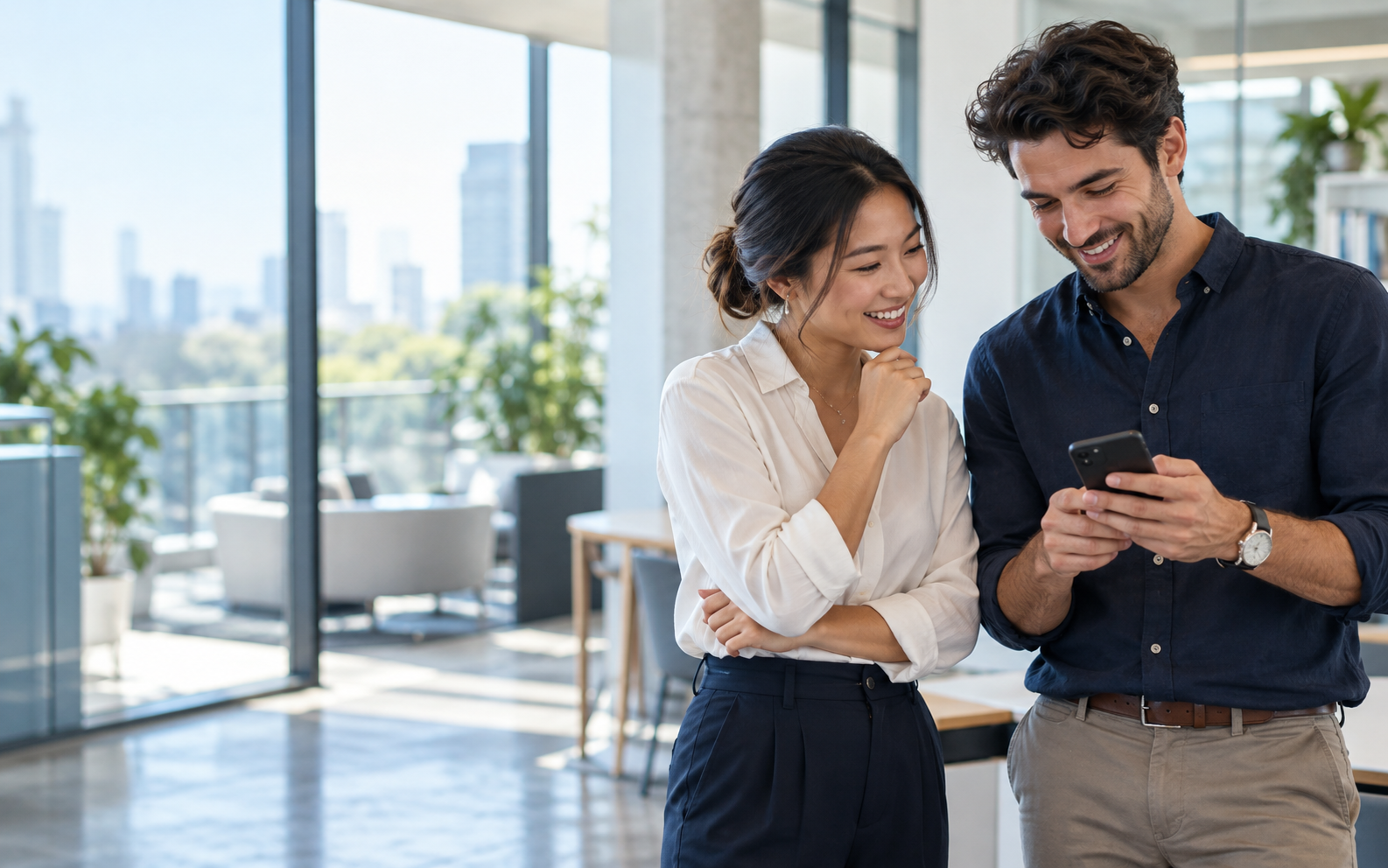 Illustrative office scene with two colleagues looking at a phone
